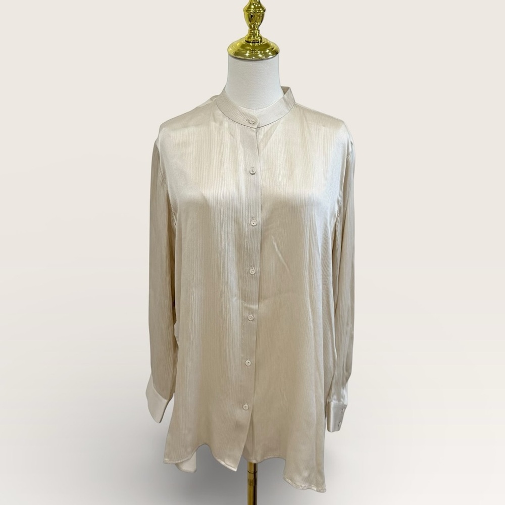 Eileen Fisher Large Striated Silk Satin Mandarin Collar Shirt Almond NWT $258